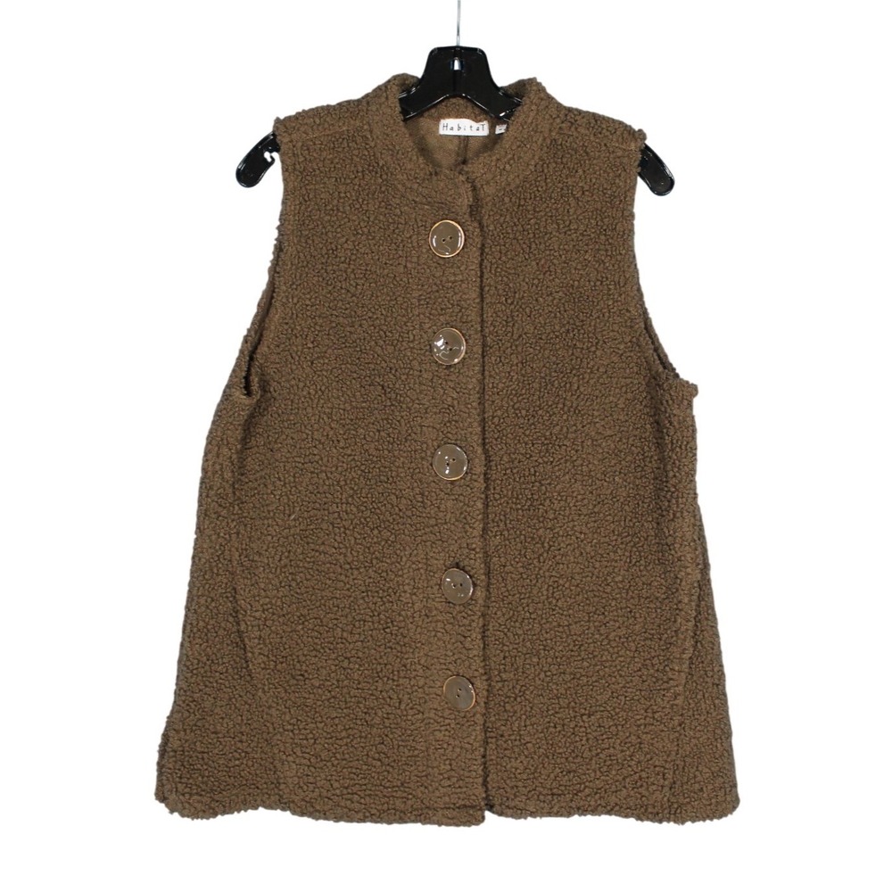 HABITAT Brown SHAGGY FAUX SHEARLING Button-Up SLEEVELESS Pockets VEST/TOPPER M